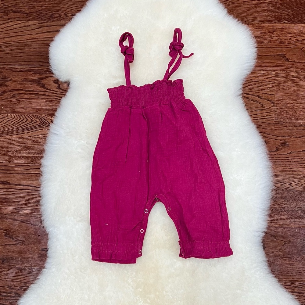 Plum Berry Muslin Romper Jumpsuit. Adjustable ties in back. 12m